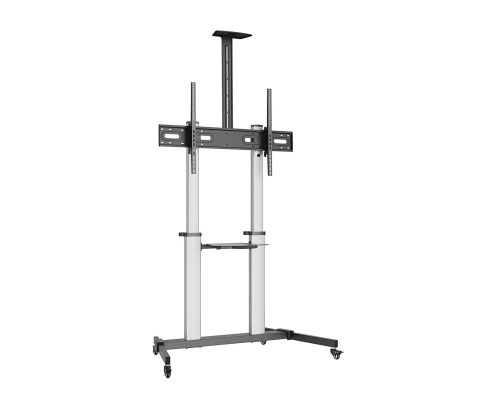 AISENS Soporte de suelo PRO con ruedas, bandeja para DVD y soporte de cámara para Monitor/TV 100Kg de 60-100, Negro-Plata