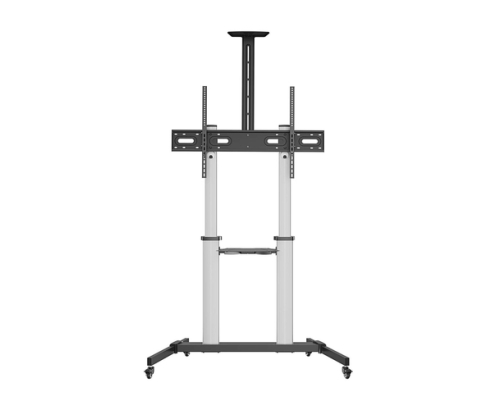 AISENS Soporte de suelo PRO con ruedas, bandeja para DVD y soporte de cámara para Monitor/TV 100Kg de 60-100, Negro-Plata