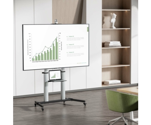 AISENS Soporte de suelo PRO con ruedas, bandeja para DVD y soporte de cámara para Monitor/TV 100Kg de 60-100, Negro-Plata